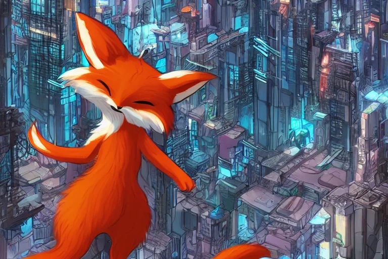 Image similar to an anthropomorphic fox with a fluffy tail staring over a futuristic city from the top of a roof, comic art, trending on furaffinity, cyberpunk, backlighting, cartoon