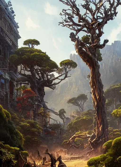 Prompt: hyper realistic robot attacking cape town city beautiful details, gnarly trees, strong composition, poster painted by greg rutkowski, concept art, arcane style, hearthstone wizards of the coast norman rockwell, james gurney and greg rutkowski weta studio, and lucasfilm and best of artstation