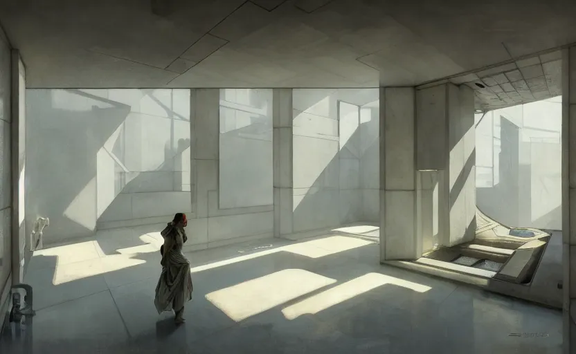 Image similar to painting of interior shot of a white concerete brutalist house architecture with big pools by darek zabrocki, alphonse mucha and greg ruthkowski, cinematic and cold atmospheric, archillect concept art, artstation, trending on artstation