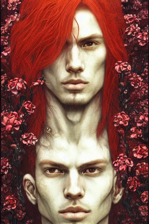 Prompt: portrait of beautiful young man, warhammer, japanic style, cyberpunk, a lot of scars, more and more flowers, red head, the middle ages, highly detailed, artstation, illustration, art by jean delville, 8 k quality