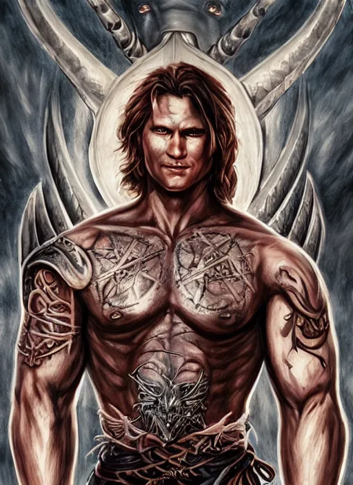 Image similar to front portrait of attractive Sam Winchester as a muscular warrior holding swords ⚔️ demon wings wide open, teared apart T-Shirt whole body tattooed with runes and satanic symbols, D&D!, fantasy style, sharp focus!, ultra detailed, art by Artgerm and Peter Andrew Jones, WLUP