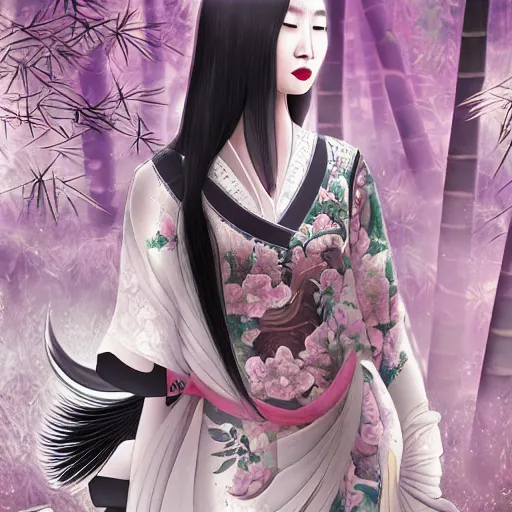 Prompt: photorealistic dramatic fantasy digital painting of a beautiful chinese woman wearing a qipao who is partially transforming into a werepanda, in the moonlit bamboo forest at night. physiological transformation ; hybrid creature that is half panda and half human. highly - detailed professional art.