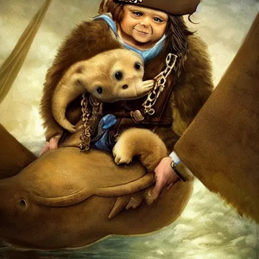 Prompt: incredibly fantastically stupendously exagerratedly fluffy incredibly tiny winged pygmy baby manatee platypus hybrid being cradled by a pirate captain the deck of his ship, realistic, fantasy, pet, adorable, national geographic