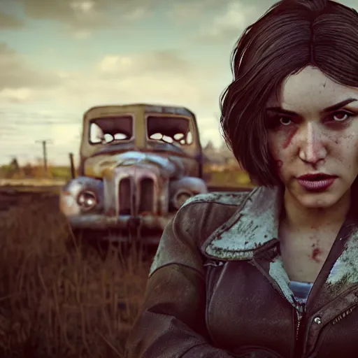 Image similar to fallout 5, charismatic brunette female protagonist, portrait, outdoors scene, somewhere in a low density rural town, retro rusted cars, atmospheric lighting, painted, intricate, volumetric lighting, beautiful, daytime, sunny weather, sharp focus, slightly desaturated, ultra detailed, by leesha hannigan, ross tran, thierry doizon, kai carpenter, ignacio fernandez rios