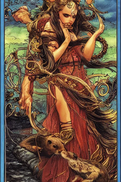 Image similar to Rider-Waite Tarot card: The Lady and the Otter, illustrated by Ayami Kojima, artstation, concept art, 4k