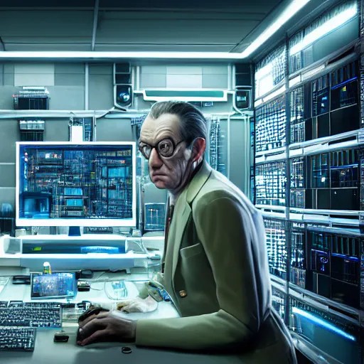 Image similar to hyperrealism detailed photography scene from stanley kubrick movie of highly detailed stylish system administrator from 2 0 7 7's as droid in josan gonzalez, gragory crewdson and katsuhiro otomo, mike winkelmann style with many details working at the detailed data center by laurie greasley hyperrealism photo on dsmc 3 system volumetric epic light rendered in blender