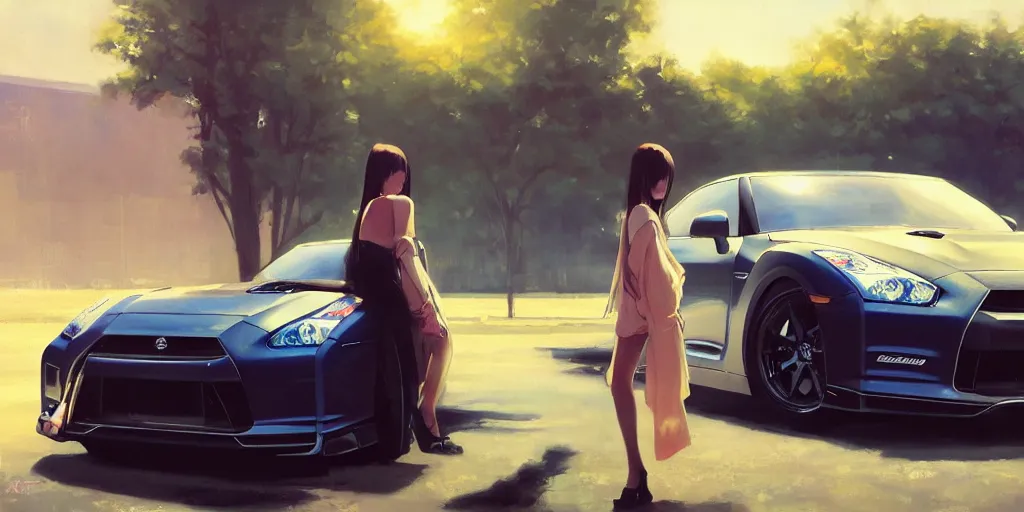 Image similar to A ultradetailed beautiful panting of a stylish girl standing in front of a Nissan GTR, Oil painting, by Ilya Kuvshinov, Greg Rutkowski and Makoto Shinkai