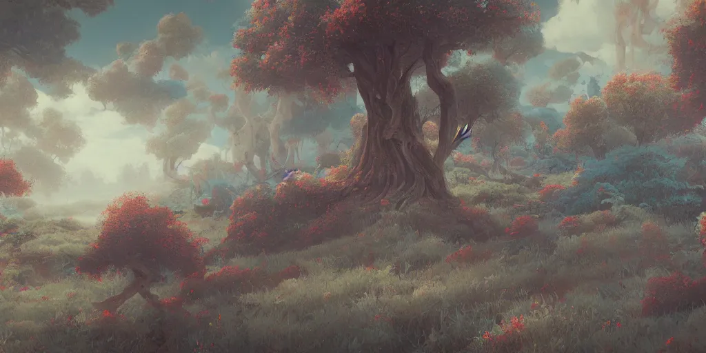 Image similar to landscape painting by james jean, redshift, octane