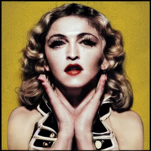 Image similar to a madonna album cover for a hyper pop album