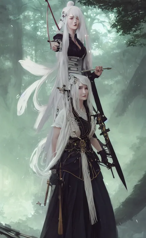 Image similar to stunningly beautiful female white hair hime cut, steampunk hakama with sword and crossbow, fantasy art, fae priestess, lush forest landscape, dark light night, sharp focus, digital painting, 4 k, concept art, art by wlop, artgerm, greg rutkowski and krenz cushart