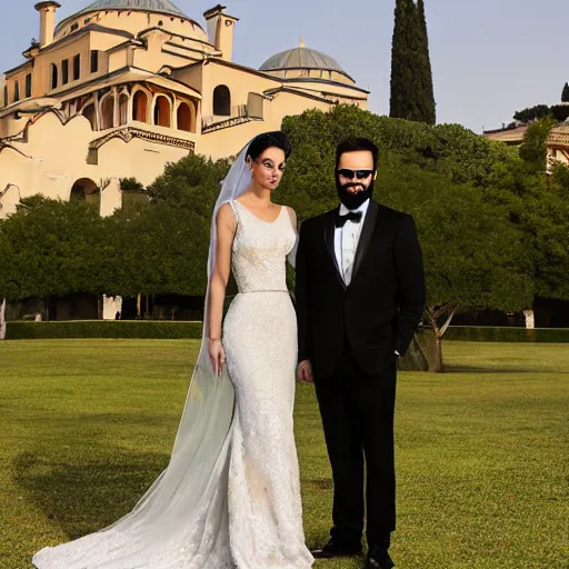 Prompt: A tall lebanese man, short well groomed beard, short hair wearing a tuxedo, next to a short turkish woman with a ponytail, slim body, brown eyes wearing a long white dress, getting married in a garden, with a majestic Ottoman palace in the background, at night, well lit sky, close up shot, luxury, luxurious wedding, Ottoman Empire era, gold, photorealistic, ultra-detailed, 4k high resolution, HDR shot