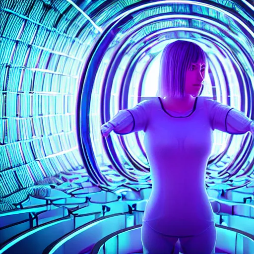 Image similar to chromatic cyborg female discovering her own consciousness in a mirror maze (Unreal Engine, 3D, Reflections, Glossy, Hyer-Realistic, Futuristic, Noise, Gradient)