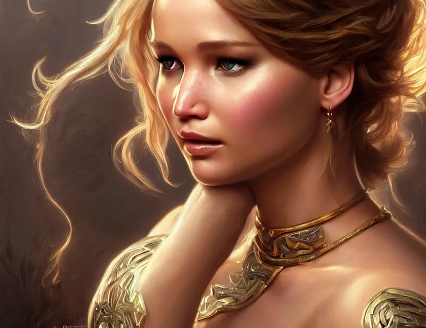 Image similar to Jennifer Lawrence, closeup, D&D, fantasy, intricate, elegant, highly detailed, digital painting, artstation, concept art, matte, sharp focus, illustration, hearthstone, art by Artgerm and Greg Rutkowski and Alphonse Mucha