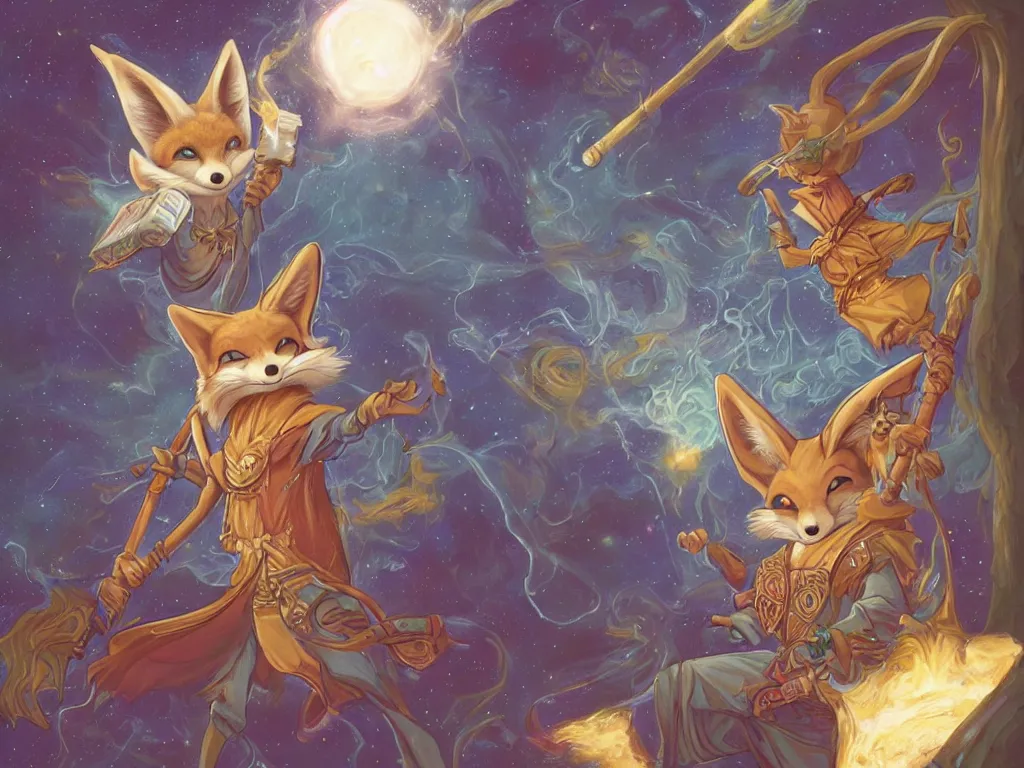 Image similar to an image of a anthropomorphic fennec wizard with a wizard hat holding a staff and a book casting a cinematic spell through space and time, art by terese nielsen, aruurara あるうらら, magali villeneuve, artstation