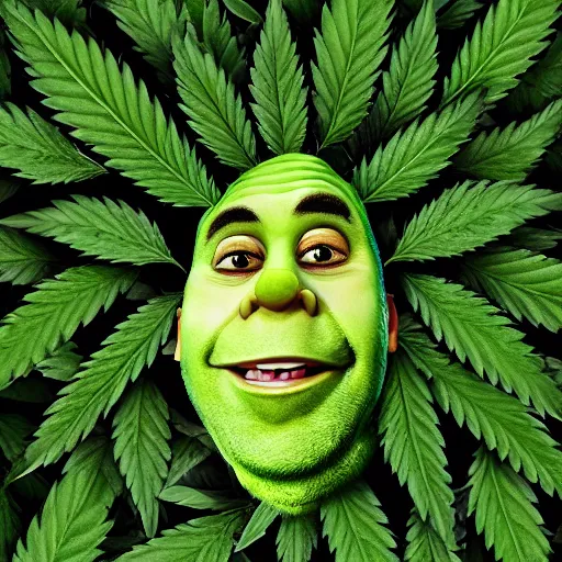 Image similar to Shreck dressed in Marijuana leaves, portrait, ultra realism