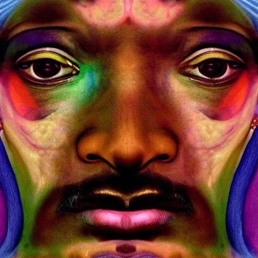 Prompt: colour masterpiece surreal closeup portrait photography of snoop dogg by miho hirano and annie leibovitz and michael cheval, psychedelic smoke background by kilian eng and roger dean and salvador dali and beksinski, 8 k