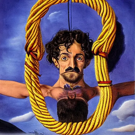 Prompt: Adam Ondra, portrait, long mustache, mustache is climbing rope, by Dali, style of salvador dali self-portrait