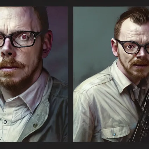 Prompt: portrait painting of joyful simon pegg with a winchester, ultra realistic, concept art, intricate details, eerie, highly detailed, photorealistic, octane render, 8 k, unreal engine. art by artgerm and greg rutkowski and alphonse mucha