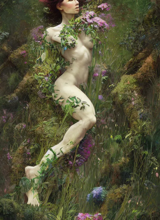 Image similar to a man made of moss and flowers, full body view, beautiful high quality realistic fantasy art, trending on artstation by artgerm and greg rutkowski and alphonse mucha