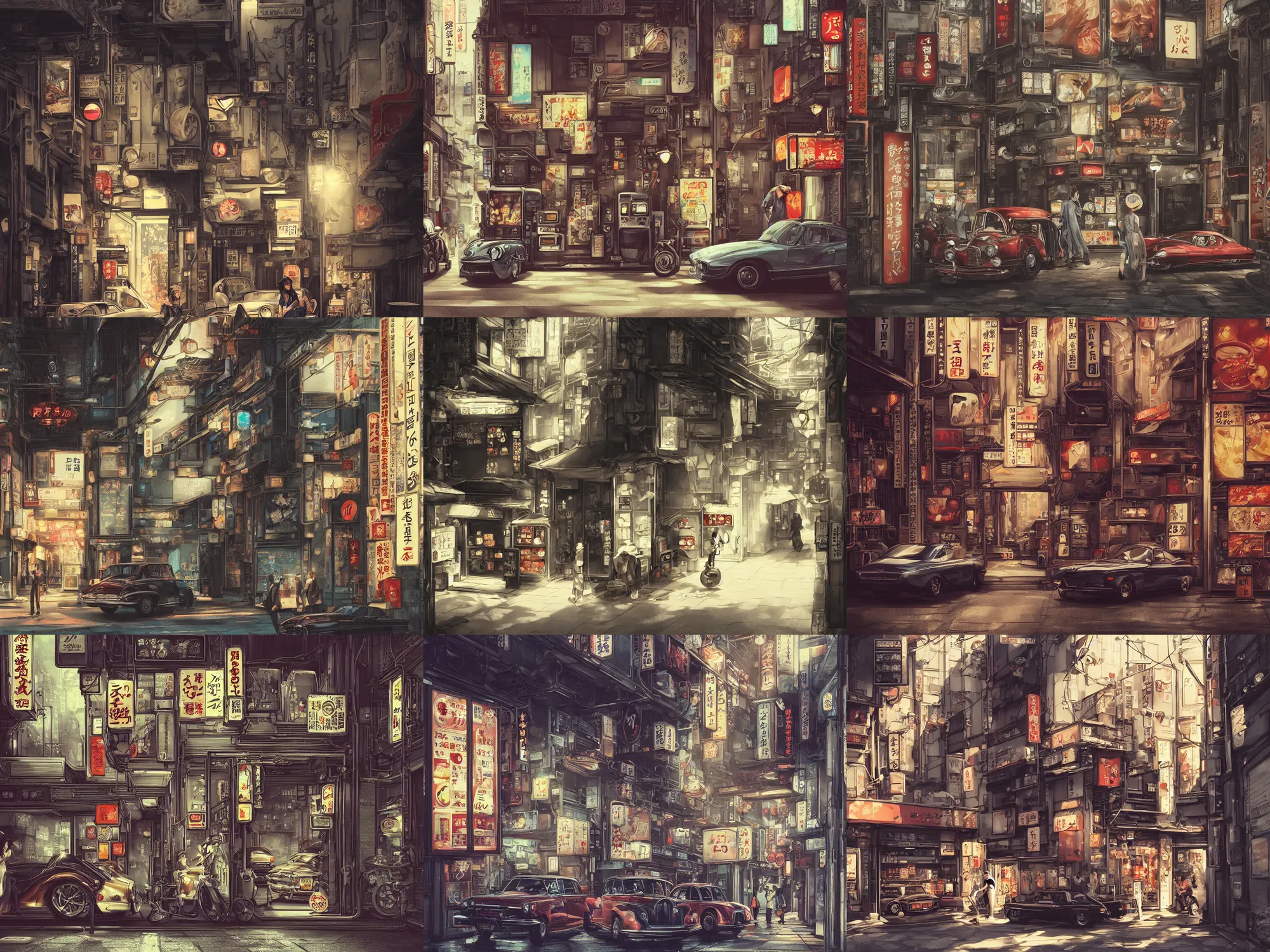 Prompt: two beautiful old cars, standing in front of a vending machine outside of a japanese convenience store, in narrow tokyo alleyway, beautiful light and shadows, d & d, fantasy, highly detailed, digital painting, artstation, concept art, sharp focus, illustration, in style of guweiz and wlop and nixeu