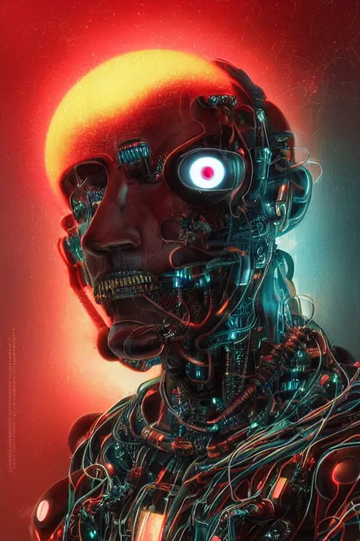 Image similar to head and shoulders render of man cyberpunk face ((single_glowing_red_eye red_emissives!)) android face mecha, inhuman creepy intimidating, exposed cable bundle. intricate wiring and black circuit board detailed. Tom Bagshaw and Greg Rutkowski and Alphonse Mucha Bladerunner 2049 artstation trending 165mm