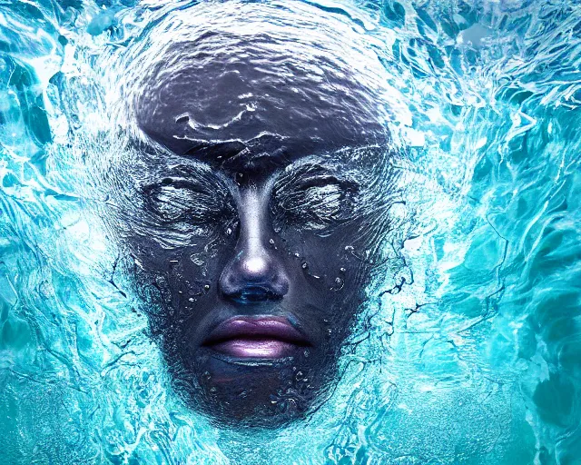 Image similar to water art manipulation of a surreal human head with open eyes burried in the ocean, shot from the top, hyper realistic, ray tracing, realistic water, sharp focus, 8 k resolution, cinematic