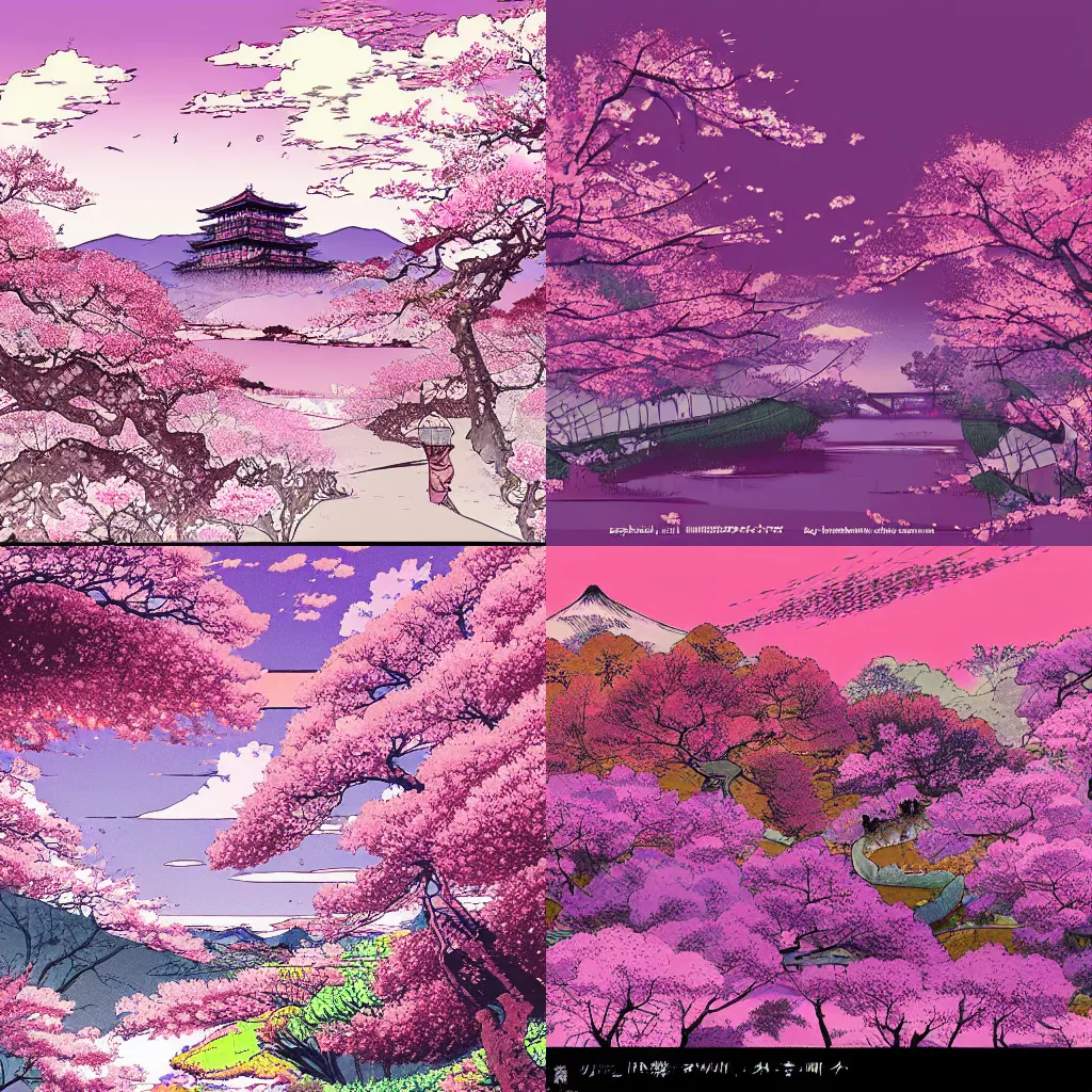 Prompt: beautiful illustration of a landscape in a cherry blossom storm, japanese countryside, violet colour splash, in the style of Katsuhiro Otomo and Takehito Harada and Yoshitaka Amano