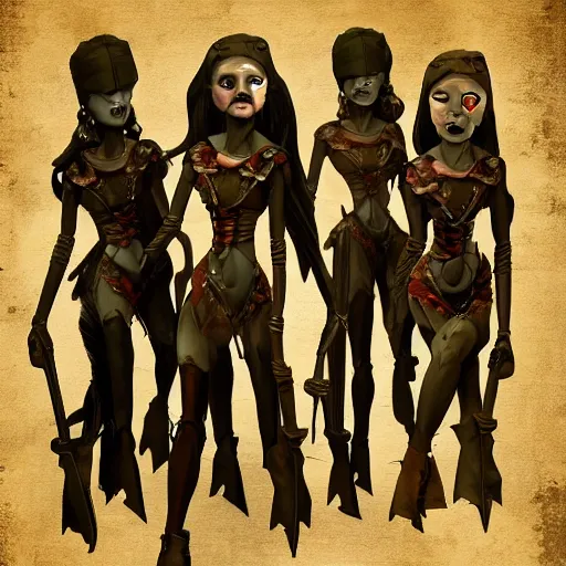 Prompt: a group of menacing dolls approaching the silhouette of an adventuring party, trending on artstation, digital art, dark fantasy