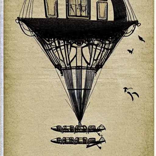 Image similar to a steampunk airship with sails, drawn by Jon Scieszka