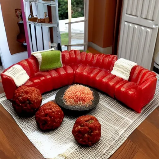 Image similar to spaghetti and meatballs shaped into a living room set