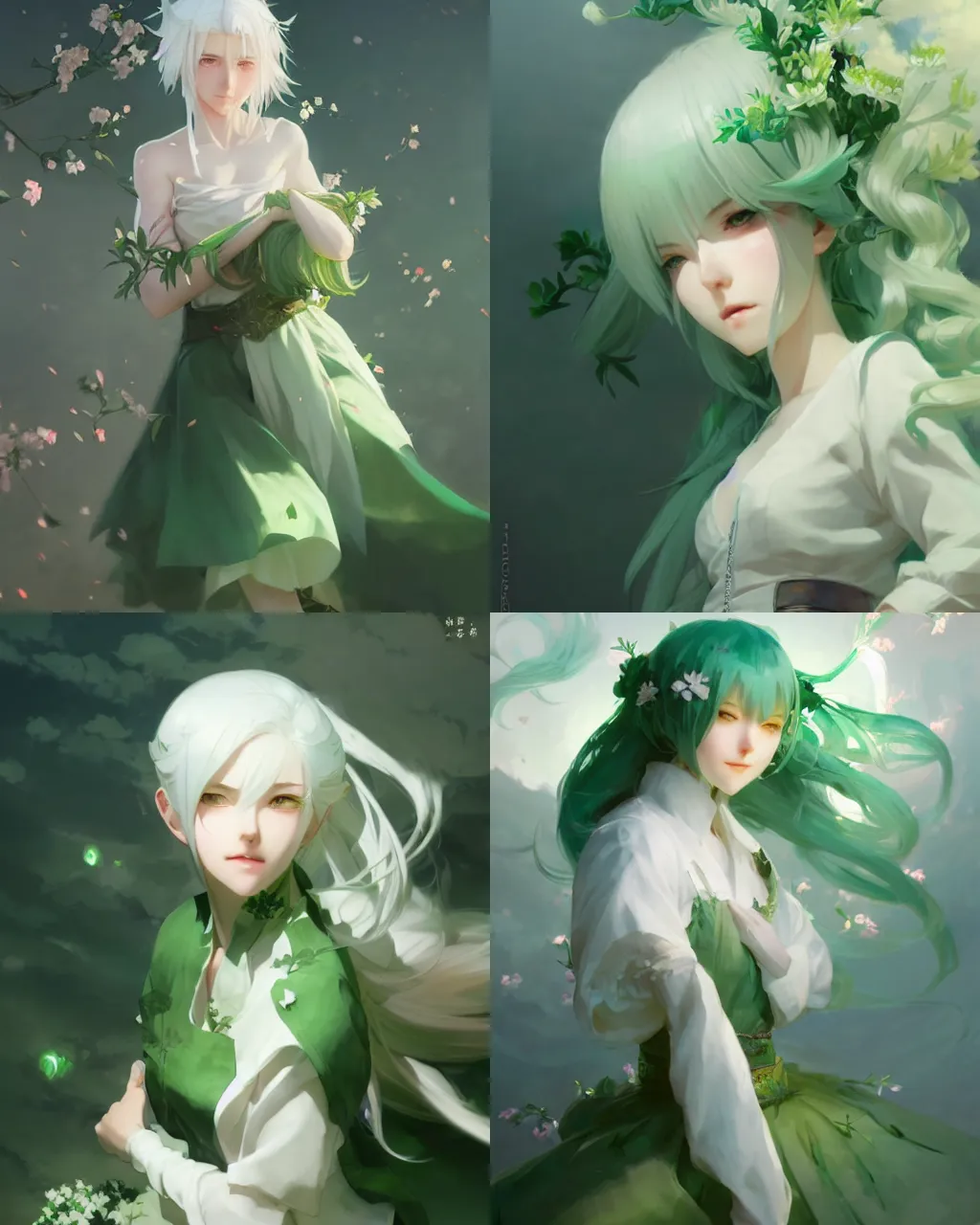 Prompt: a girl with white hair and green skirt, flower decoration on the background, a beautiful half body illustration, top lighting, perfect shadow, soft painting, art by hidari and krenz cushart and wenjun lin