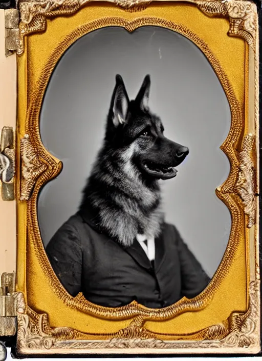 Image similar to professional studio photo portrait of anthro anthropomorphic german shepard head animal person fursona smug smiling wearing elaborate military general uniform clothes degraded medium by Louis Daguerre daguerreotype tintype