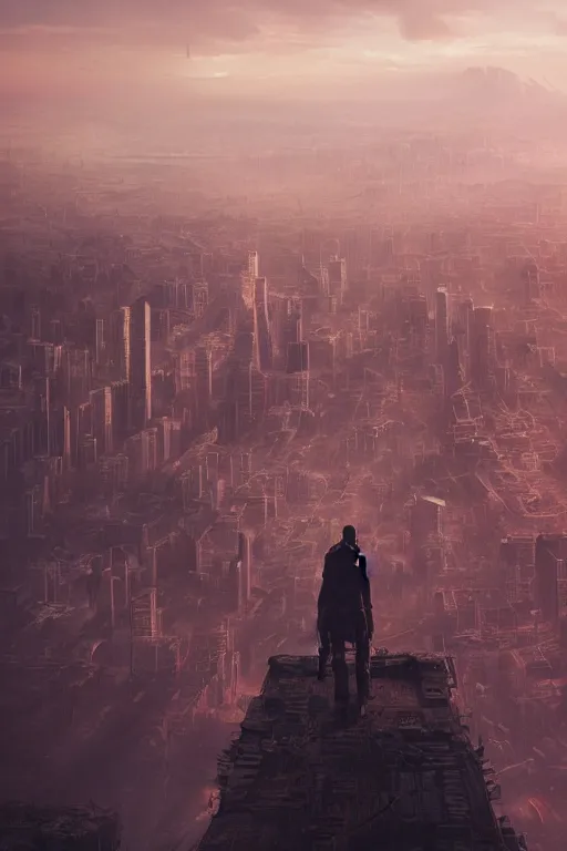Image similar to A person standing in the foreground of a never ending city by Greg Rutkowski, Sung Choi, Mitchell Mohrhauser, Maciej Kuciara, Johnson Ting, Maxim Verehin, Peter Konig, final fantasy , 8k photorealistic, cinematic lighting, HD, high details, dramatic, dark atmosphere, trending on artstation