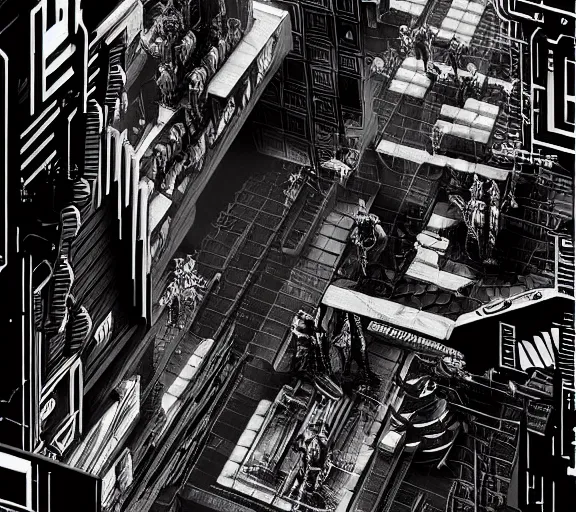 Image similar to a black and white illustration of a cyberpunk epic Friday night firefight in the style of MC Escher, Night City, cyberpunk 2077, 1979 OMNI Magazine Cover, impossible geometry, coherent, street level neo-Tokyo in Cyberpunk 2045, 4k, 8k, HD, trending on artstation