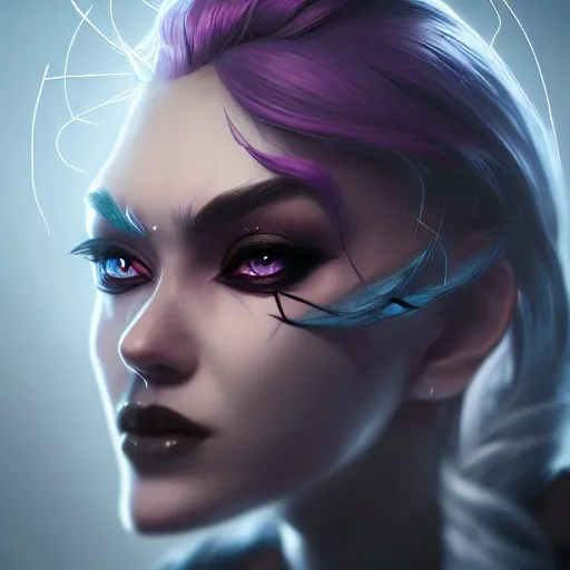 Image similar to Portrait of Syndra from league of legends, anger, mystery, fear, highly detailed, ominous vibe, smoke, octane render, cgsociety, artstation, trending on ArtStation, by Marie Magny