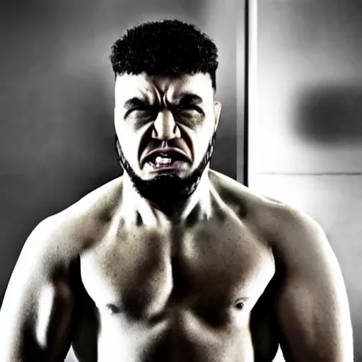 Prompt: light skinned muslim incredible hulk, with a pout and squinting eyes, looking in the mirror