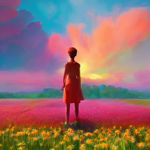 Prompt: giant daisy as head, full body girl standing in a flower field, surreal photography, sunrise, dramatic light, impressionist painting, colorful clouds, digital painting, artstation, simon stalenhag