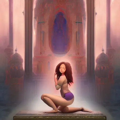 Image similar to Art station concept of a beautiful girl kneeling in front of a religious shrine, Hypnosis, Trance, symmetrical face, smooth body features, by Stanley Artgerm Lau, WLOP, Rossdraws, James Jean, Andrei Riabovitchev, Marc Simonetti, and Sakimichan, trending on artstation