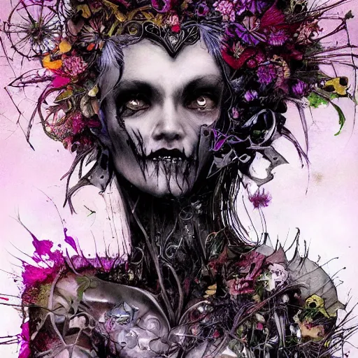 Prompt: gothic hybrid cyborg warrior girl of flowers, cybor clothes shaping love!, freedom fighter, eerie, cinematic, epic, 8 k, ultra realistic,. | a psychedelic, illustration by albrecht durer, concept art in style of carne griffiths artwork by xsullo. | backround of beautiful floweres floatingby elson, peter kemp, peter