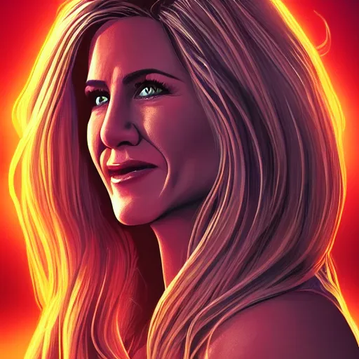 Prompt: the second coming of jennifer aniston, by dan mumford and ross tran, cosmic, terrifying, demon rays, intricate detail, cinematic, 8 k, cel shaded, unreal engine, featured on artstation, pixiv