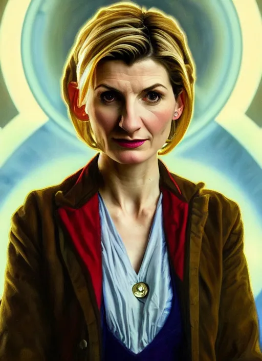 Prompt: oil painting of jodie whittaker as doctor who, intricate, elegant, highly detailed, lighting, painting, artstation, smooth, illustration, art by greg rutowski and alphonse mucha