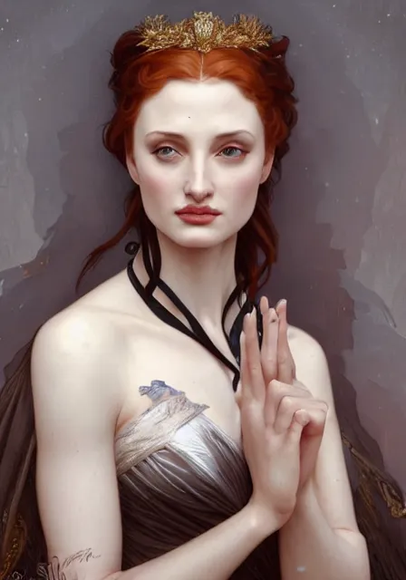 Prompt: sansa angeline jolie gessica chastain, intricate, elegant, highly detailed, digital painting, artstation, concept art, smooth, sharp focus, illustration, art by artgerm and greg rutkowski and alphonse mucha and william - adolphe bouguereau