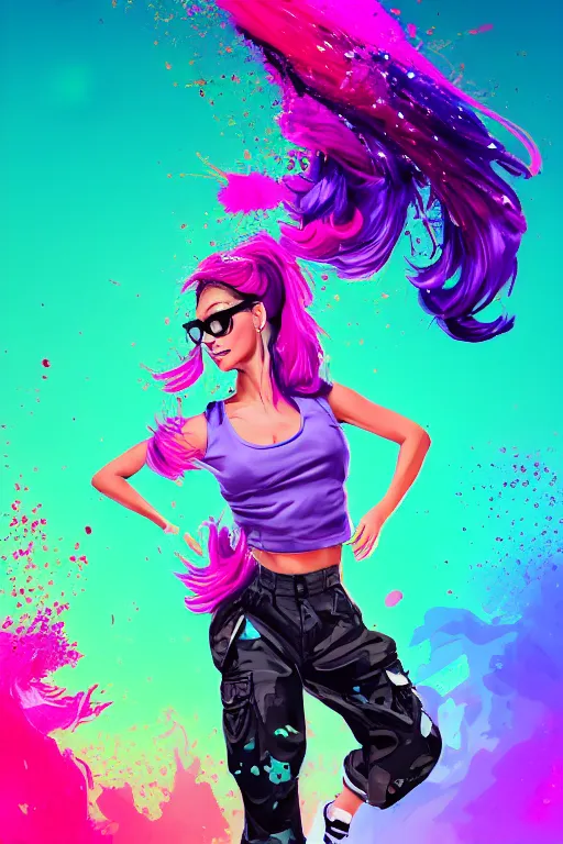 Image similar to a award winning half body porttrait of a beautiful woman in a croptop and cargo pants with ombre purple pink teal hairstyle with head in motion and hair flying, paint splashes, splatter, outrun, vaporware, shaded flat illustration, digital art, trending on artstation, highly detailed, fine detail, intricate