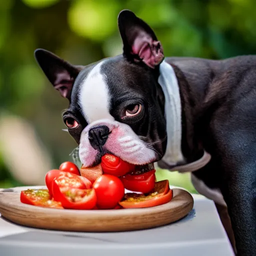 Prompt: boston terrier with a beard eating tomato's with cheese, photorealistic, high detail, 8 k resolution