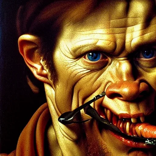 Prompt: close up portrait of willem dafoe eating an entire horse, oil painting, high detail, dark lighting, atmospheric, extremely detailed, intricate, da vinci, michelangelo, caravaggio, hans holbein, raphael, donatello, 8 k