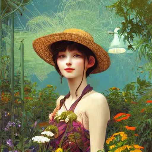 Image similar to slightly rusty robot-gardener in a straw hat, waters flowers, highly detailed, texture, background greenhouse, mild dreamy professional lighting, digital art, smooth, sharp focus, illustration, wide angle shot, full body visible, art by artgerm, by alphonse mucha