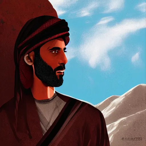 Prompt: arab man standing up in the mountains, album cover design illustration digital art