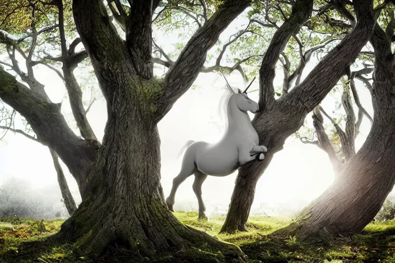 Prompt: beautiful unicorn infer a tree natural lighting 85mm by Emmanuel Lubezki