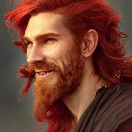 Prompt: portrait of a young ruggedly handsome but joyful pirate, male, masculine, upper body, red crimson hair, long hair, fantasy, giddy smirk, intricate, elegant, highly detailed, digital painting, artstation, concept art, matte, sharp focus, illustration, art by artgerm and greg rutkowski and alphonse mucha