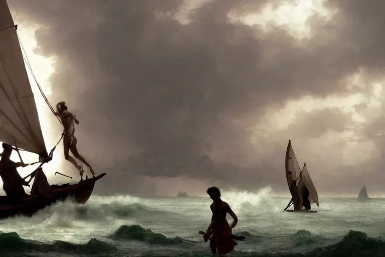 Image similar to ancient historically accurate depiction of Bible Character walking on water during a storm, a small fishing sailboat with scared sailors on board, dramatic lighting by frank miller, illustration by Ruan Jia and Mandy Jurgens and William-Adolphe Bouguereau, Artgerm, 4k, digital art, surreal, space dandy style, highly detailed, godsend, artstation, digital painting, concept art, smooth, sharp focus, illustration by Ruan Jia and Mandy Jurgens and William-Adolphe Bouguereau, Artgerm